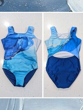 Destira Gymnastics Dance Leotard CXL Extra Large MARBLING Blue Gold Open Back